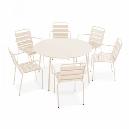 Oviala Palavas Set van een ronde tuin tafel en 6 ivoorkleurige stalen fauteuils