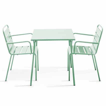 Oviala Set van een vierkante tuin tafel en 2 groene salontafels van staal