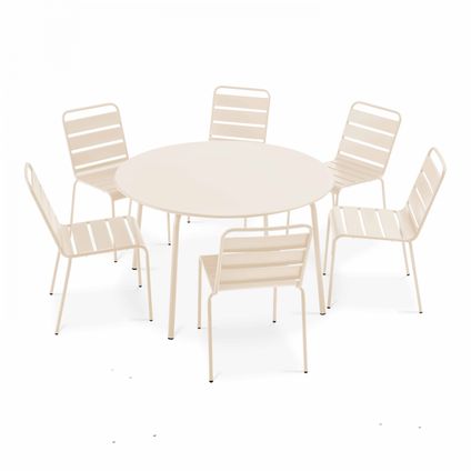 Oviala Palavas Set van een ronde tuin tafel en 6 metalen ivoor kleurige stoelen