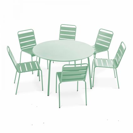Ensemble table de jardin ronde et 6 chaises en métal Oviala Palavas vert sauge