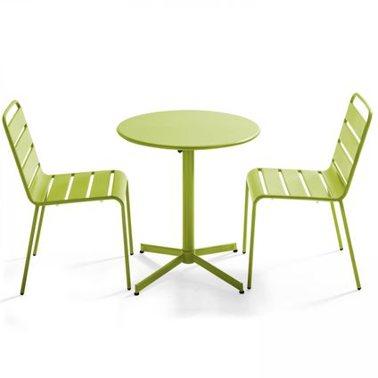 Oviala Palavas Set van een ronde tuin tafel en 2 groene metalen stoelen