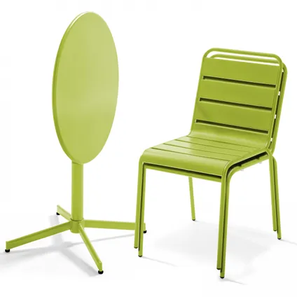 Oviala Palavas Set van een ronde tuin tafel en 2 groene metalen stoelen 2