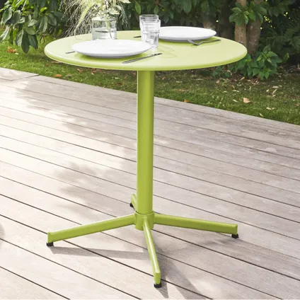 Oviala Palavas Set van een ronde tuin tafel en 2 groene metalen stoelen 4