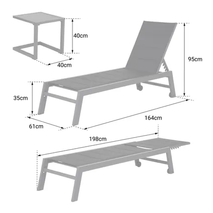 BARBADOS ligstoel en bijzettafel set in zwart textilene - antraciet grijs aluminium 5
