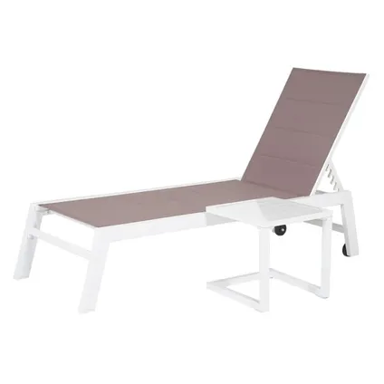 Set bain de soleil et table d'appoint BARBADOS en textilène taupe - aluminium blanc 2