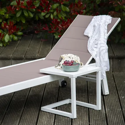 Set bain de soleil et table d'appoint BARBADOS en textilène taupe - aluminium blanc 7