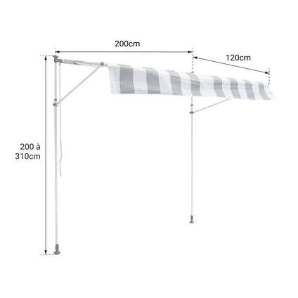 CHENE balkonluifel 2 × 1.2m - Wit/grijs gestreept doek en wit frame 5