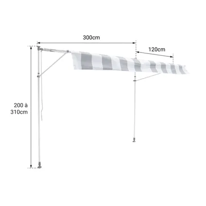 CHENE balkonluifel 3 × 1.2m - Wit/grijs gestreept doek en wit frame 5