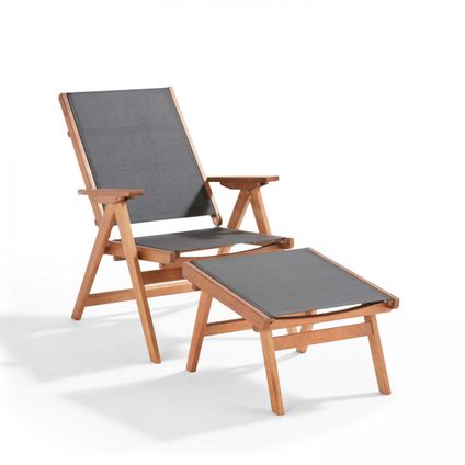 Oviala Sisco Ontspannende houten eucalyptus fauteuil met zwarte voetenbank