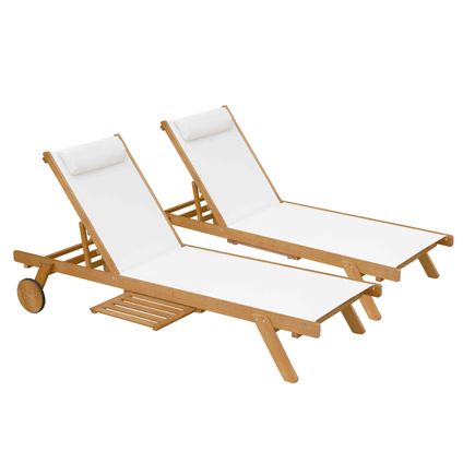 Lot de 2 bains de soleil Oviala Calgary avec coussin et tablette en bois blanc