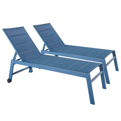 Oviala Noumea Set van 2 aluminium ligstoelen met blauwe textilene