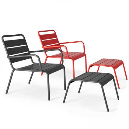 Lot 2 fauteuils relax avec repose-pieds métal Oviala Palavas gris et rouge