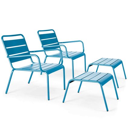 Lot de 2 fauteuils relax avec repose-pieds en métal Oviala Palavas bleu pacific