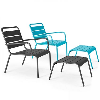 Lot 2 fauteuils relax avec repose-pieds métal Oviala Palavas gris et bleu