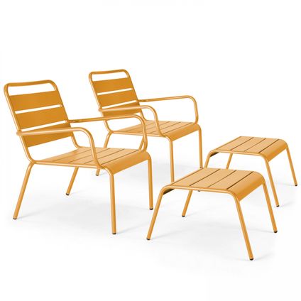 Oviala Set van 2 relaxfauteuils met gele metalen voetenbank