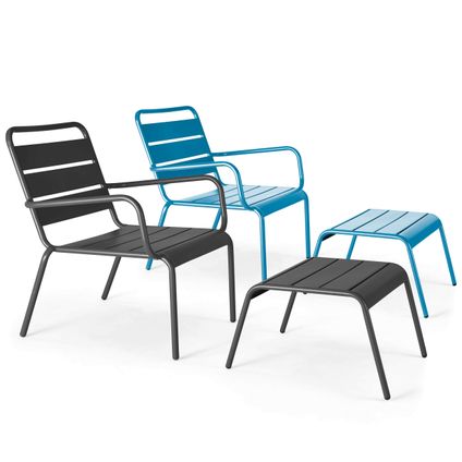 Lot 2 fauteuils relax avec repose-pieds métal Oviala Palavas gris et bleu pacific