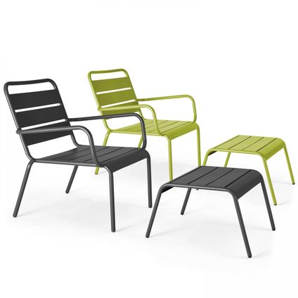 Lot 2 fauteuils relax avec repose-pieds métal Oviala Palavas gris et vert