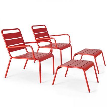 Oviala Set van 2 relaxfauteuils met metalen rode voetenbank