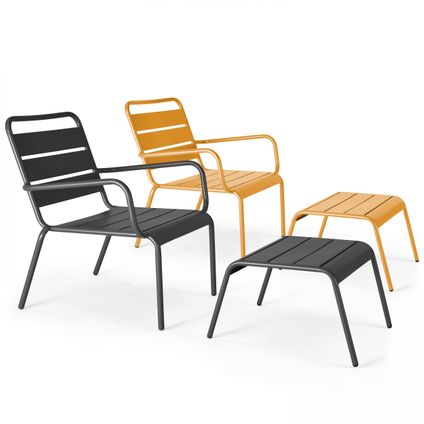 Lot 2 fauteuils relax avec repose-pieds métal Oviala Palavas gris et jaune