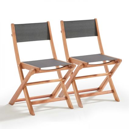 Oviala Set van 2 inklapbare stoelen van eucalyptus hout en zwarte textilène