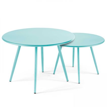Oviala Palavas Set van 2 lage tuin tafels van turquoise staal, 50 cm