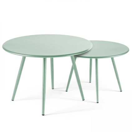 Oviala Palavas Set van 2 lage tuin tafels van groen salie staal, 50 cm
