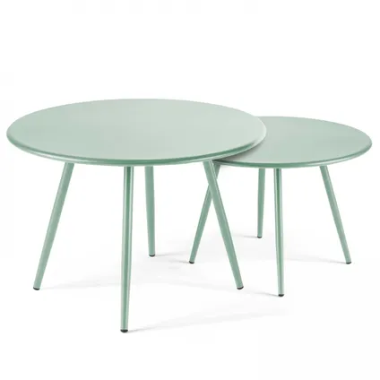 Lot de 2 tables basses de jardin en acier Oviala Palavas vert sauge 50 cm