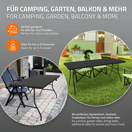ML-Design opklapbare campingtafel, Zwart 180 x 74 cm, kunststof, klaptafel voor 6 personen 8