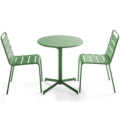 Oviala Palavas Set van een ronde tuin tafel en 2 groene cactus metalen stoelen