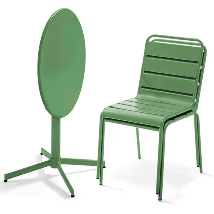 Oviala Palavas Set van een ronde tuin tafel en 2 groene cactus metalen stoelen 2