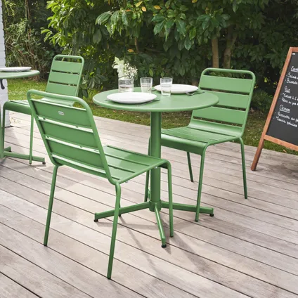 Oviala Palavas Set van een ronde tuin tafel en 2 groene cactus metalen stoelen 3