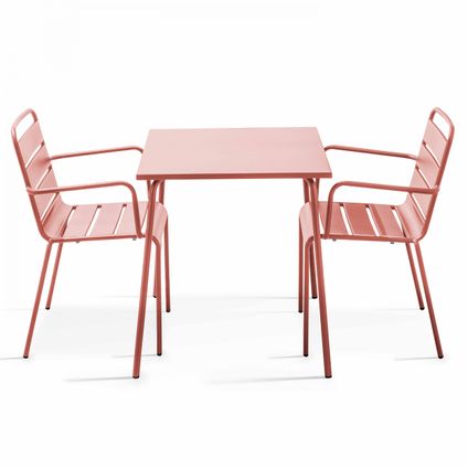 Ensemble table de jardin carrée et 2 fauteuils acier Oviala Palavas argile