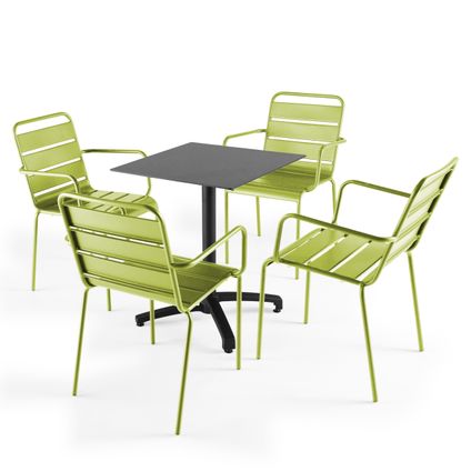 Oviala Een tuintafel met leistenen grijze laminaat en 4 groene fauteuils