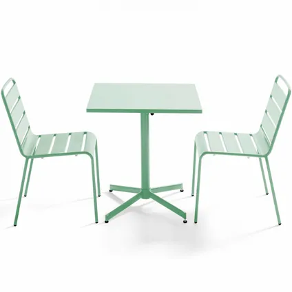 Oviala Set van een vierkante tuin tafel en 2 metalen stoelen in salie groen