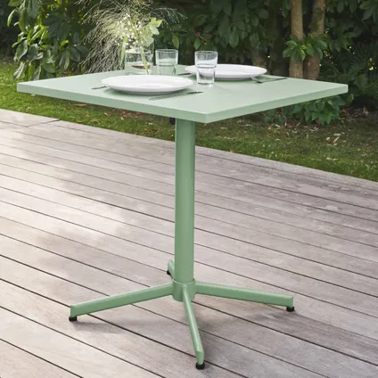 Oviala Set van een vierkante tuin tafel en 2 metalen stoelen in salie groen 4