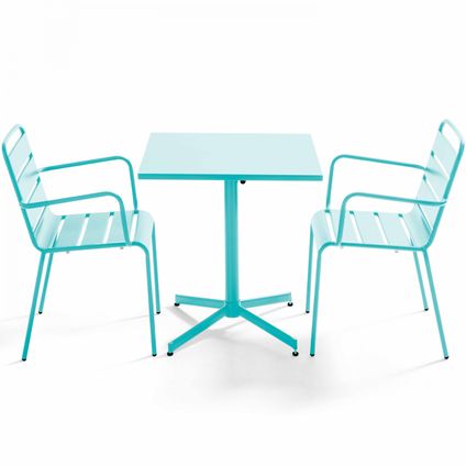 Oviala Set van een vierkante tuin tafel en 2 metalen turquoise fauteuils