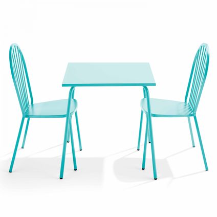 Oviala Set van een bistro tuintafel en 2 turquoise stalen stoelen