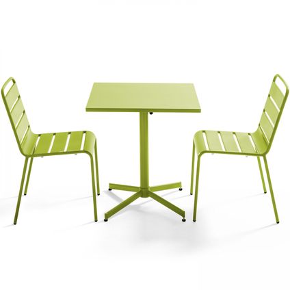 Oviala Palavas Set van een vierkante tuin tafel en 2 groene metalen stoelen