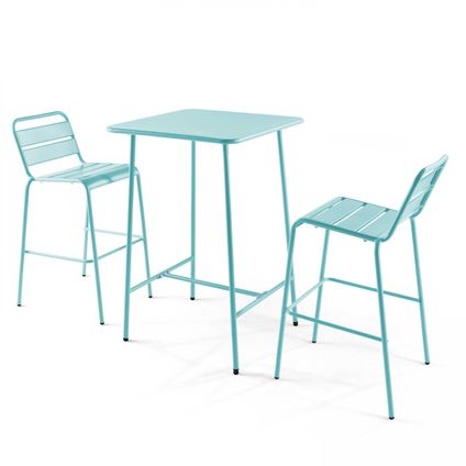 Oviala Set bartafel en 2 hoge metalen stoelen in turquoise