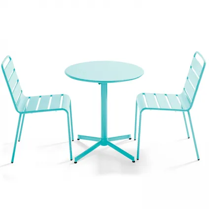 Oviala Palavas Set van een ronde tuin tafel en 2 metalen turquoise stoelen