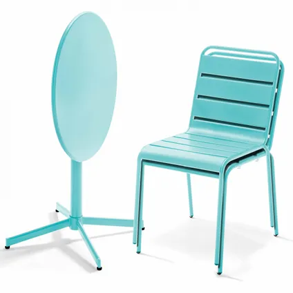 Oviala Palavas Set van een ronde tuin tafel en 2 metalen turquoise stoelen 2