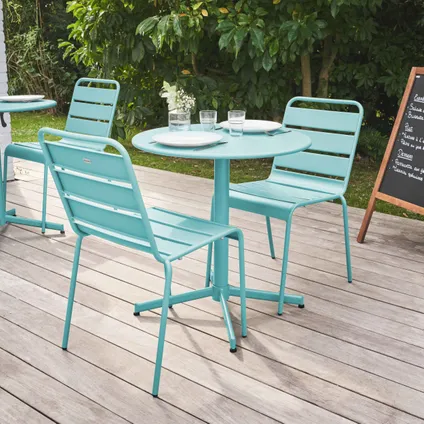Oviala Set van een ronde tuin tafel en 2 metalen turquoise stoelen 3