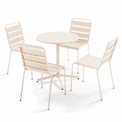 Oviala Palavas Set van een ronde tuin tafel en 4 ivoren metalen stoelen