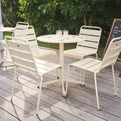 Oviala Set van een ronde tuin tafel en 4 ivoren metalen stoelen 2