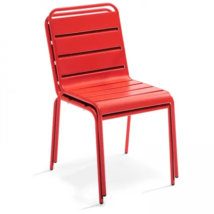 Oviala Palavas Set van een vierkante tuin tafel en 2 rode stalen stoelen 3