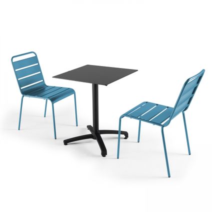 Oviala Set van een zwart gelamineerde tuin tafel en 2 blauwe Pacific stoelen