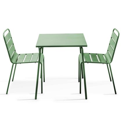 Oviala Palavas Set van een vierkante tuin tafel en 2 groene cactus stalen stoelen