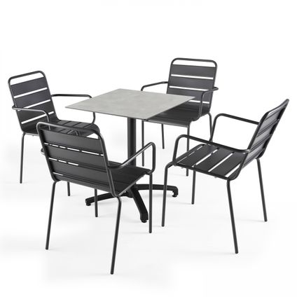 Oviala Set tuintafel met licht betonnen laminaat en 4 grijze fauteuils