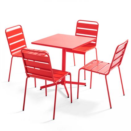 Oviala Palavas Set van een vierkante tuintafel en 4 rode stoelen