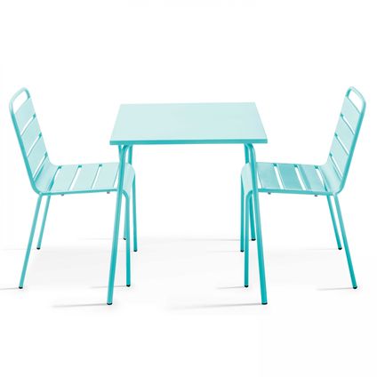 Oviala Set van een vierkante tuin tafel en 2 turquoise stalen stoelen